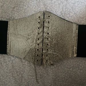 New Thick Black Belt with Rhinestone and Metal String Buckle
